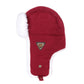 Wine red winter ushanka hat with white faux fur earmuffs and triangular logo badge
