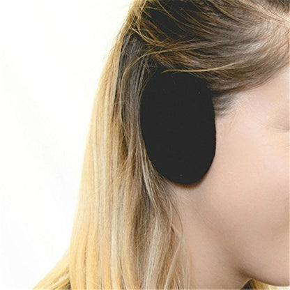 Black round bandless earmuff ear cover with soft foam, worn on side of head