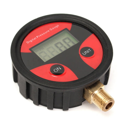 Digital tire pressure gauge with LCD, ON/UNIT buttons and brass valve connector