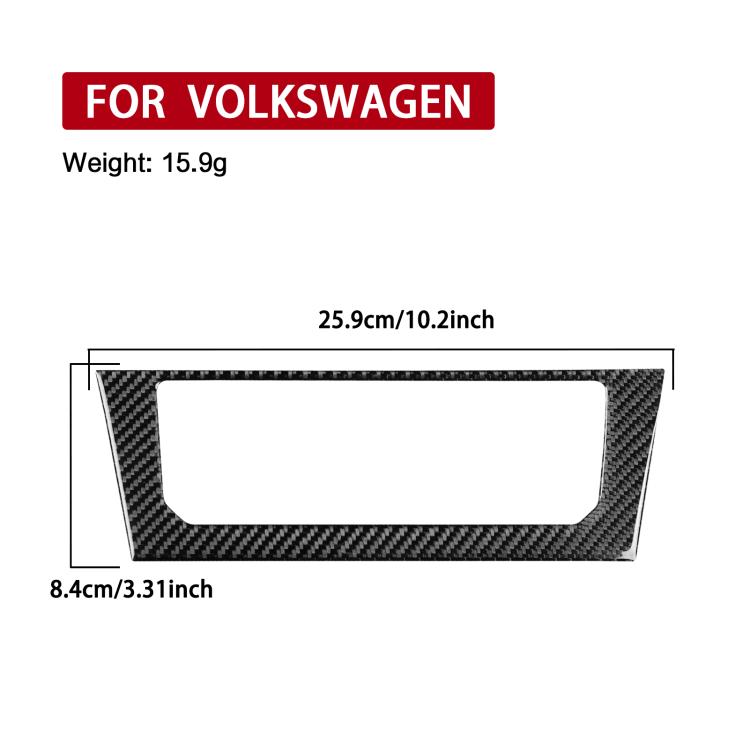 Car multimedia trim sticker with size diagram and carbon-fiber black rectangle