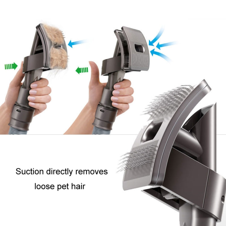 Pet hair brush attachment with side bristles and suction nozzle for removing loose hair