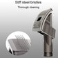 Stiff bristle pet hair brush head attachment with suction opening on gray tool