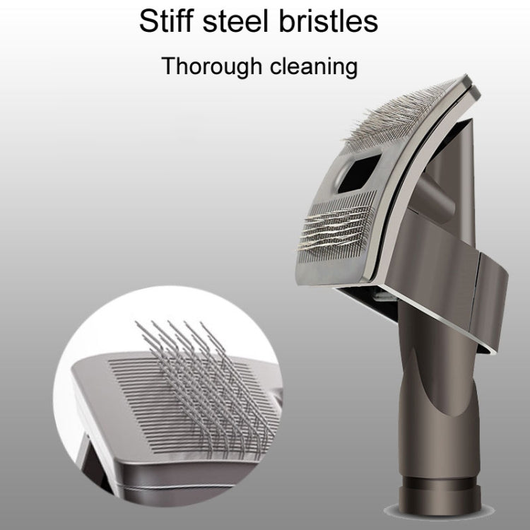 Stiff bristle pet hair brush head attachment with suction opening on gray tool