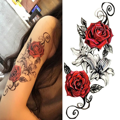 Red rose and vine temporary tattoo sticker with swirling floral details and leaves