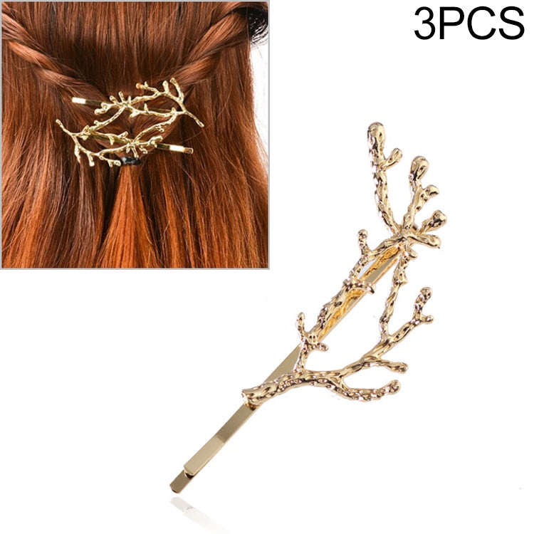 Gold tree-branch hair clip set of 3 for girls, alloy bobby pins with jeweled detail