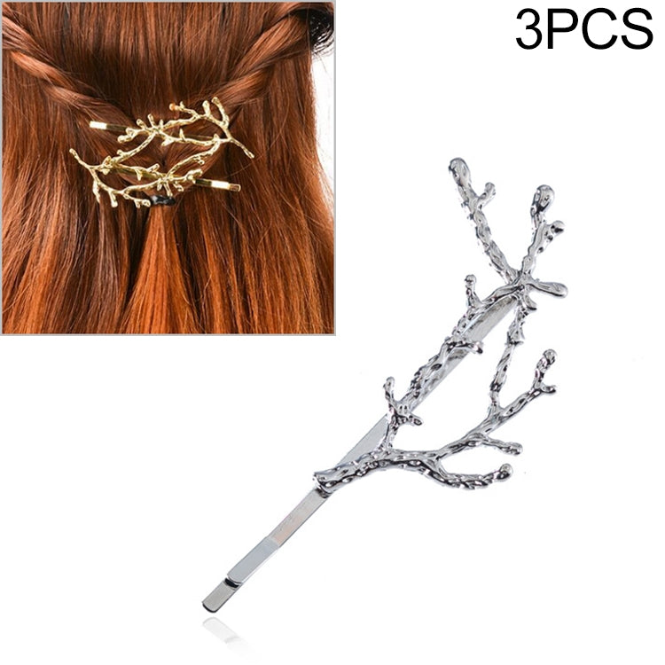 Silver tree-branch hair clip set of 3 for girls, alloy bobby pins with jeweled detail