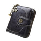 Long dark blue leather phone wallet with chain handle and zipper, front snap pocket detail