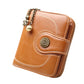 Long tan-orange leather phone wallet with wrist strap and zipper, front snap pocket detail