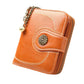 Long peach-orange leather phone wallet with chain handle and zipper, front snap pocket detail