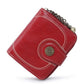 Long wine red leather phone wallet with chain handle and zipper, front snap pocket detail