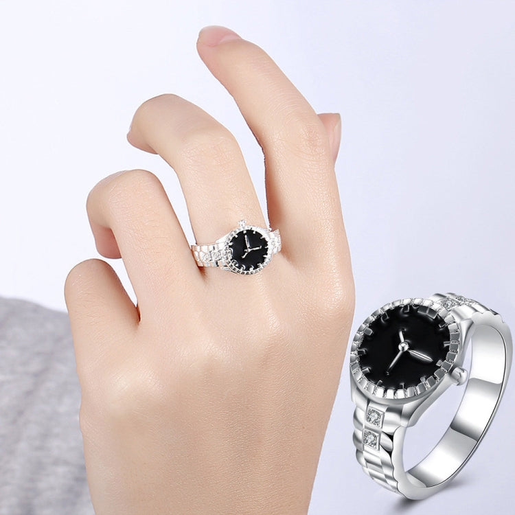 Silver-tone watch ring with black dial, crystal bezel and metal link band
