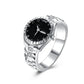 Silver-tone quartz watch ring with round black dial and crystal-studded bezel