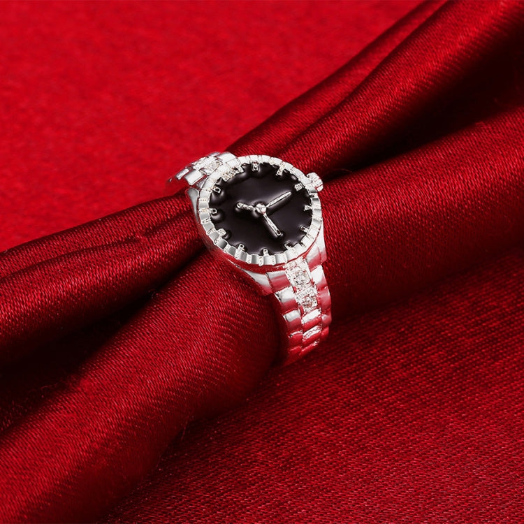 Silver-tone quartz watch ring with black dial and crystal-studded metal band