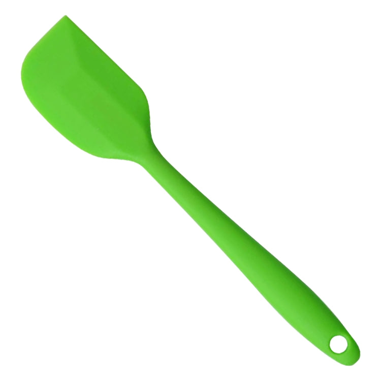 Green silicone cake spatula with flat scraper blade and hanging hole