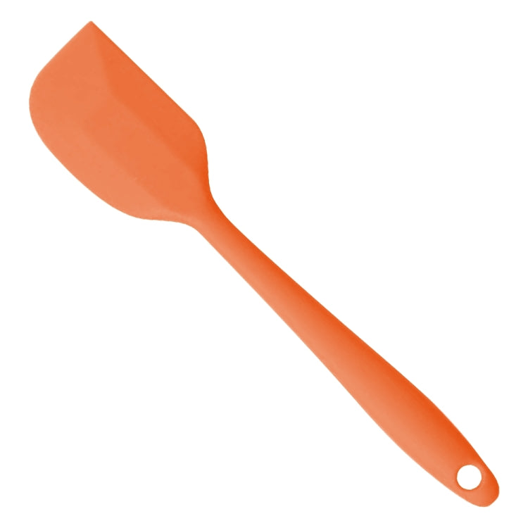 Orange silicone cake spatula with flat scraper blade and hanging hole