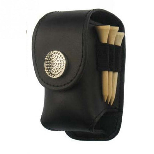 Black leather golf ball holder pouch with button flap and tee slots on side
