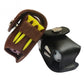 Brown and black golf ball holder pouch with yellow tees and metal snap