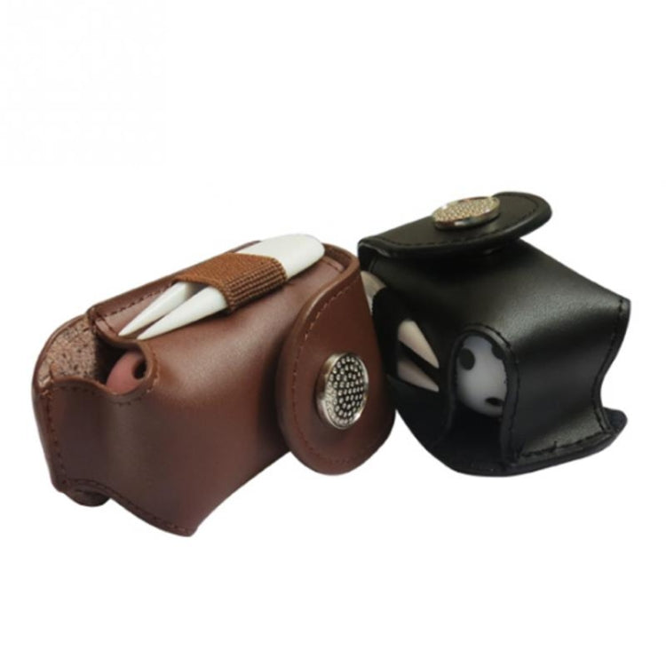 Brown and black leather golf ball holder pouches with tees and circular snap badge