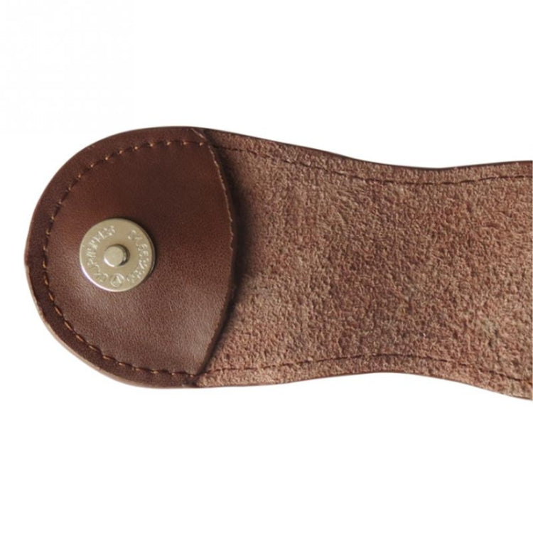 Brown leather golf ball holder belt end with stitched edge and round metal snap