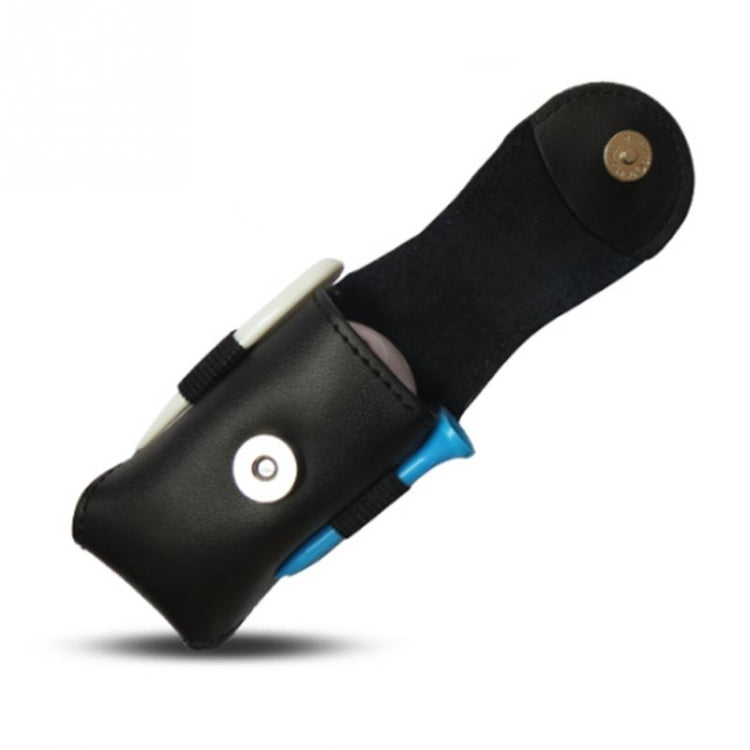 Black leather golf ball holder pouch with blue trim and white tee holder