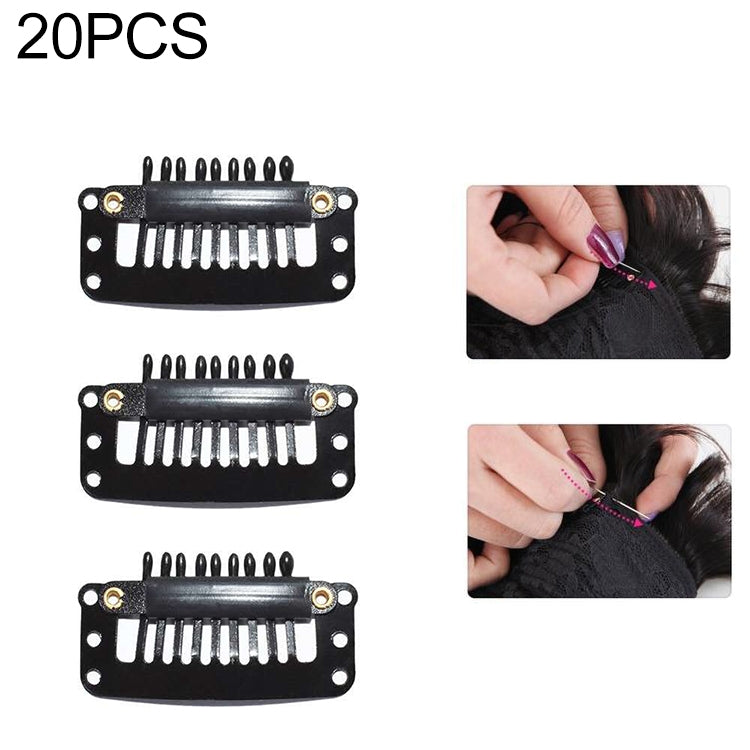 Set of 20 black hair extension snap clips with silicone back and 9-tooth combs