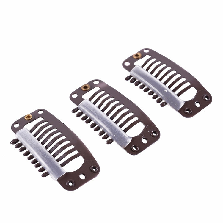 Three 9-tooth hair extension snap clips with brown base and silver metal comb teeth