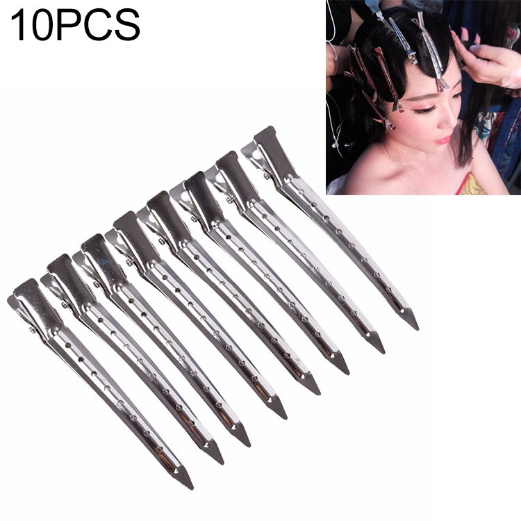 Set of 10 stainless steel duckbill hair clips with single-hole bar, metal