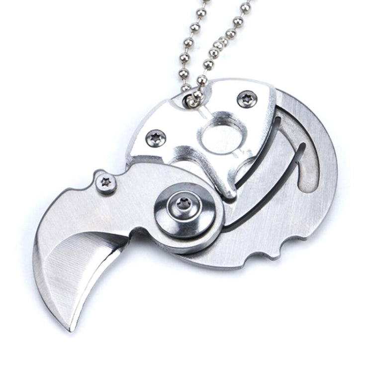 Portable mini folding blade knife keychain multitool with silver body and ball chain