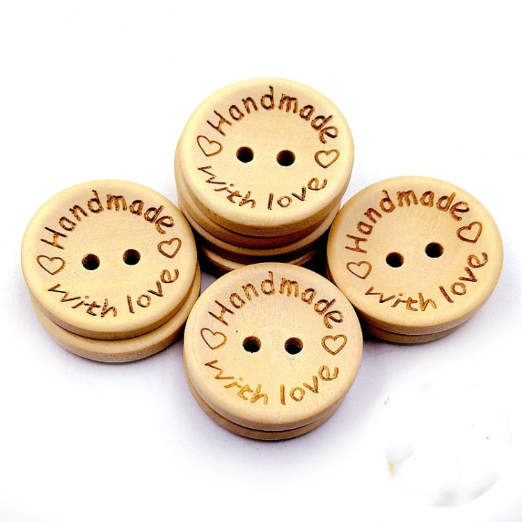 Natural wood heart-engraved buttons, four pieces with two holes each