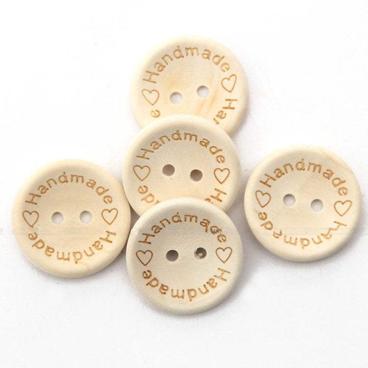 Five round natural wood buttons with heart 'Handmade with love' engraving