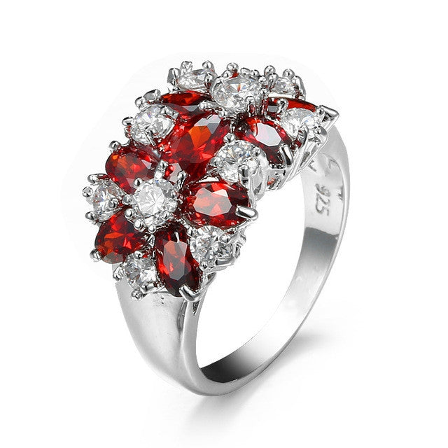 Red and clear crystal cluster 925 sterling silver ring, flower-like sparkle setting