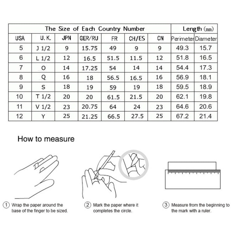 Ring size guide chart with size table and measuring instructions diagram