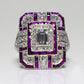 Luxury square crystal zircon engagement ring with purple accents and clear center stone