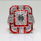Square crystal zircon engagement ring with clear stones and red accents