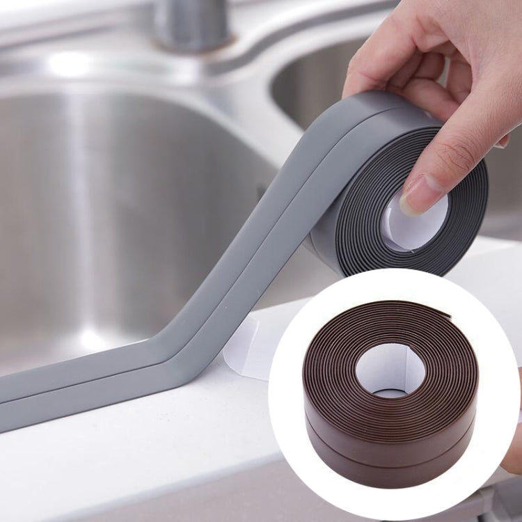 Grey waterproof adhesive sealing tape application, with brown tape roll inset