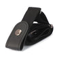 Black elastic PU waistband close-up with metal snap on leather strap tab