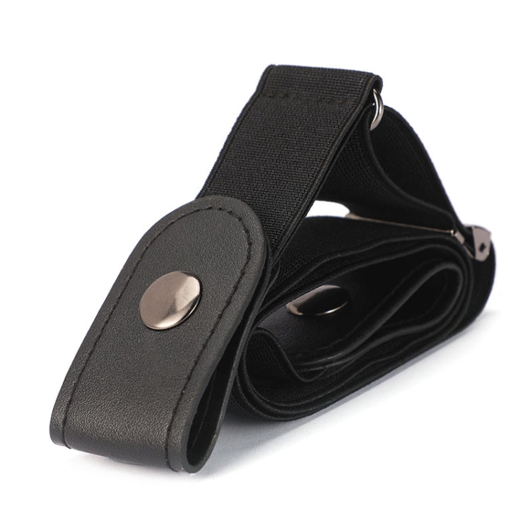 Black elastic PU waistband close-up with metal snap on leather strap tab