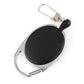Retractable badge reel with key ring clip, oval black case and metal lanyard clip