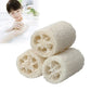 Natural loofah shower sponge rolls, beige porous cylinders with round air-hole cutouts