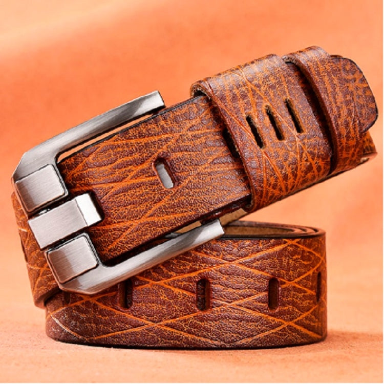 Orange-brown textured leather belt with silver metal buckle and punched holes