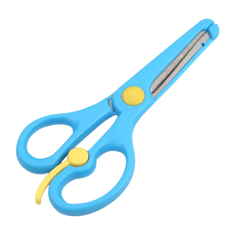 Blue safety scissors with elastic action, rounded tips, yellow accents
