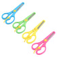 Candy-colored safety scissors set with blue, green, yellow, and pink handles, elastic action