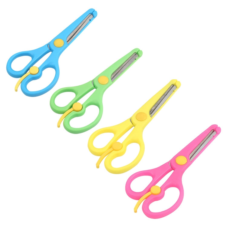 Candy-colored safety scissors set with blue, green, yellow, and pink handles, elastic action