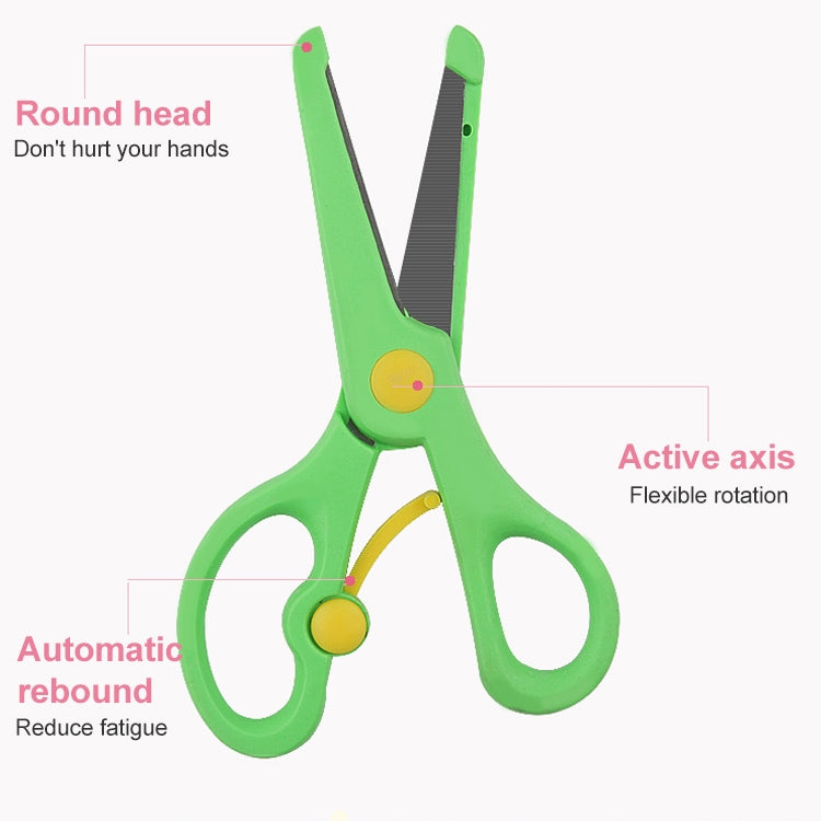 Green safety scissors with rounded tips and elastic rebound, yellow control button