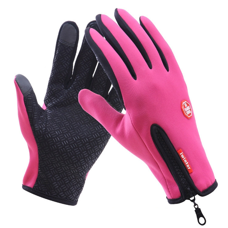 Pink full-finger cycling gloves with textured palm, neoprene padding, zip pull cuff