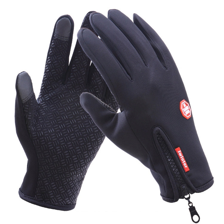 Dark full-finger cycling gloves with textured palm and zip pull cuff, padded knuckles