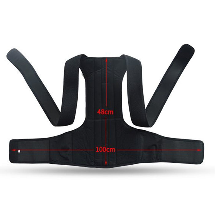 Black posture corrector brace with tall back panel, adjustable shoulder straps, wide waist support