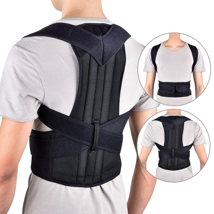 Black back posture corrector brace worn with shoulder straps and waist support band