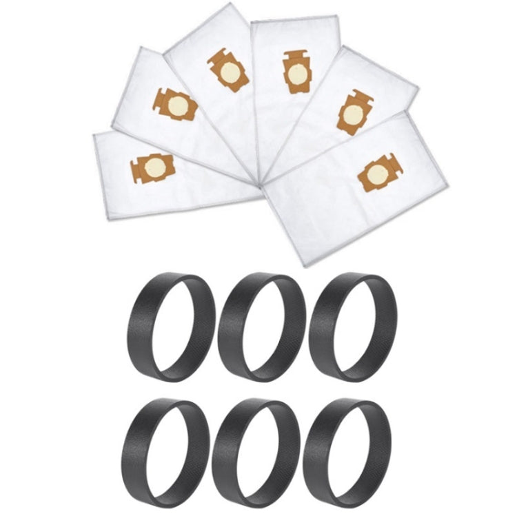 Vacuum dust bags and drive belt set, white bags with brown icons and black belt rings