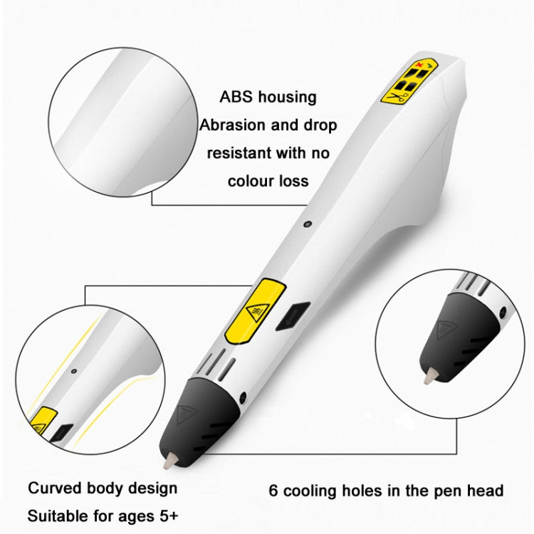 Children's 3D printing pen with cooling holes and curved body, feature diagram